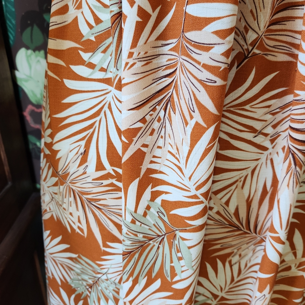 Iris Womens Tropical Palm Print Maxi Dress L Orange White Babydoll Empire Cutout - Picture 5 of 8